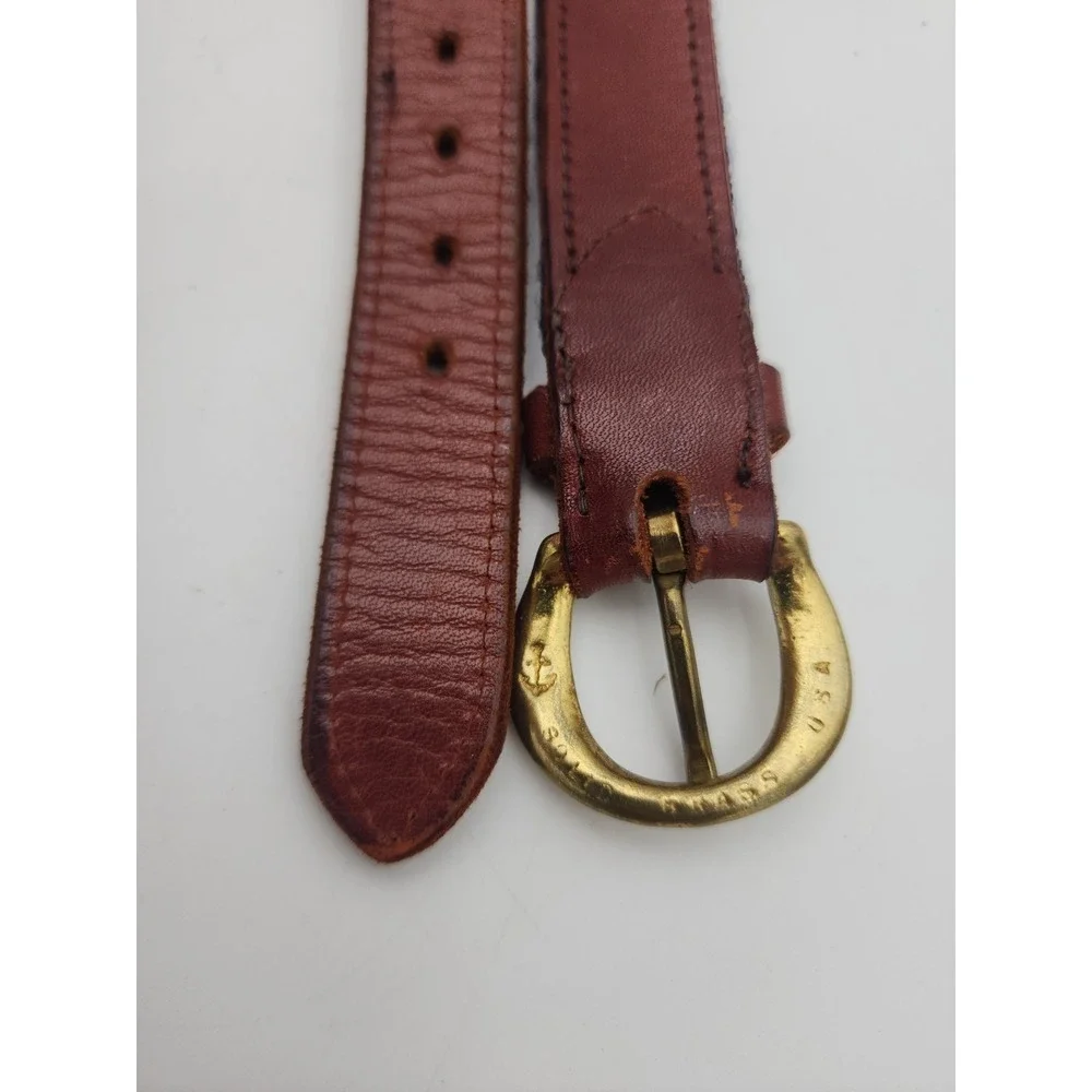Brown Leather Belt Embroidered MJB Navy Green Stripes, Brass Buckle 36.5